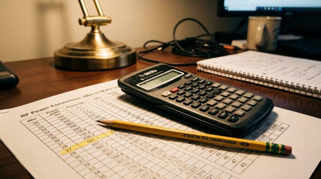 Calculator and printed dBm to watts conversion table on a desk.