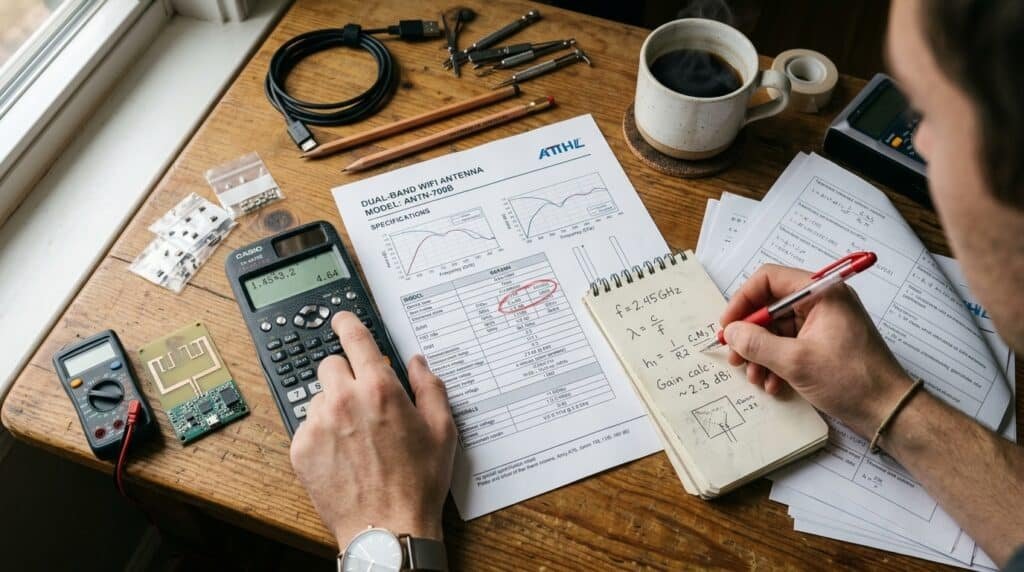 Desk flat-lay of an antenna spec sheet being double-checked with a calculator and pencil.