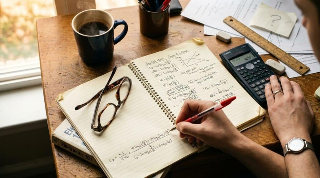 Handwritten dBm calculation with a corrected error, calculator, and reading glasses on a desk.