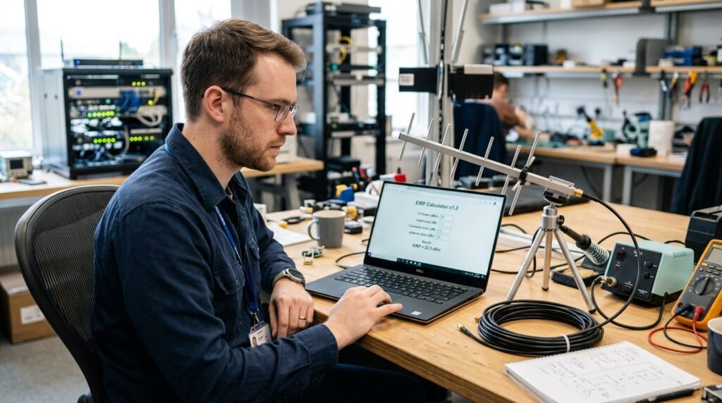 RF engineer calculating EIRP on a laptop with an antenna and coaxial cable on the desk.