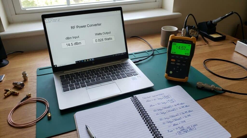 RF power meter and laptop calculator showing a dBm to watts conversion on an engineer’s desk.