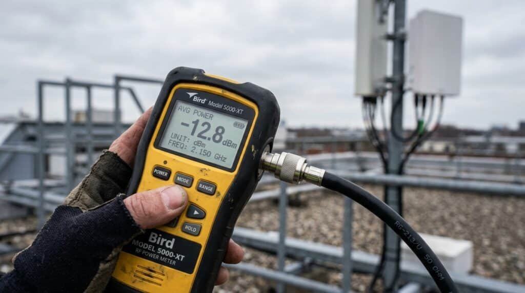 RF power meter reading dBm next to coaxial cable and connector on a rooftop antenna installation.