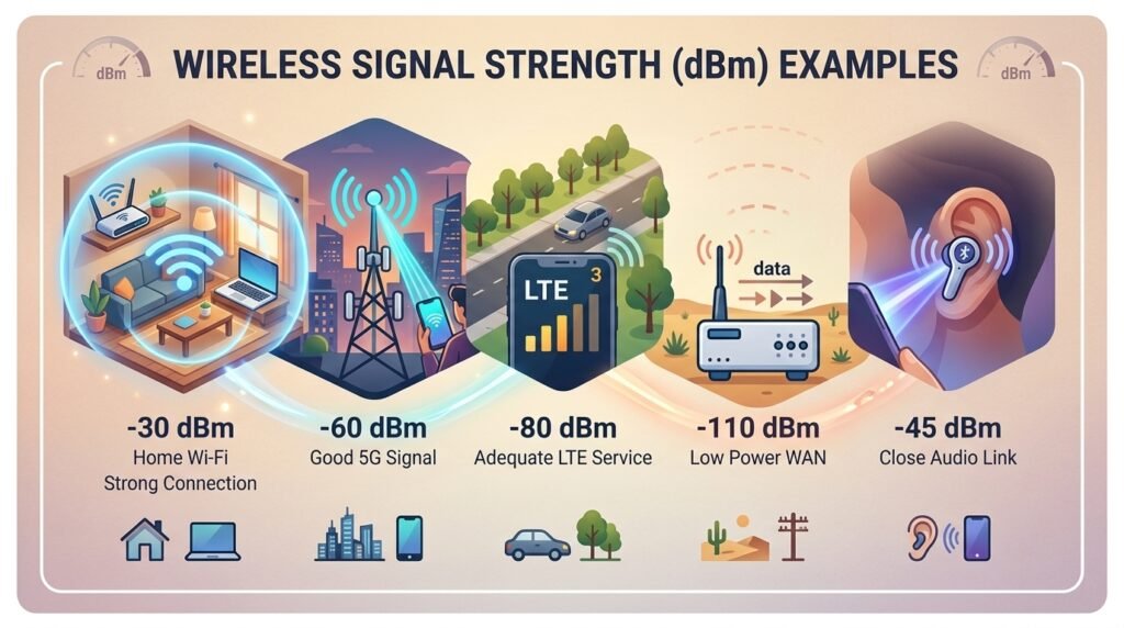 comparing typical dBm transmit power across Wi-Fi, 5G, LTE, LoRa, and Bluetooth devices