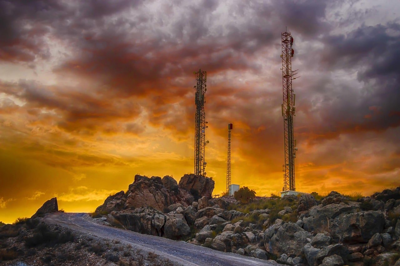 telecommunication antennas, nature, telecommunications, transmitter, sunset, golden light